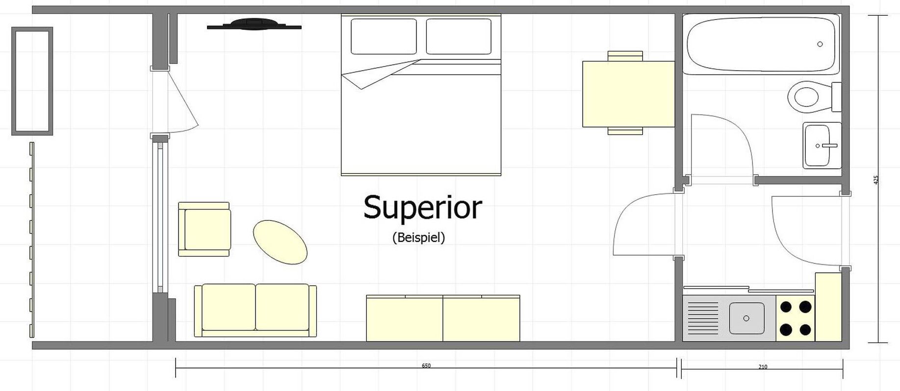 A floor plan of a hotel room labeled "Superior (Beispiel)" with a kitchenette, a bed, a sofa, a desk, and a bathroom.