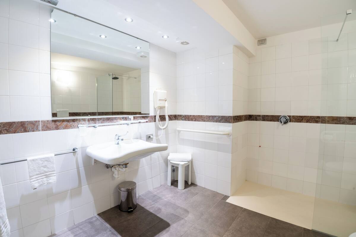 Une salle de bain moderne équipée d’un lavabo, d’un miroir, d’une douche et de toilettes.