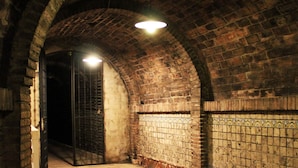 A dimly lit brick tunnel with an arched ceiling and a single light fixture.