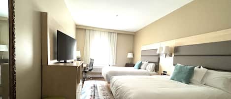 Desk, laptop workspace, blackout curtains, iron/ironing board