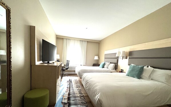 Desk, laptop workspace, blackout drapes, iron/ironing board