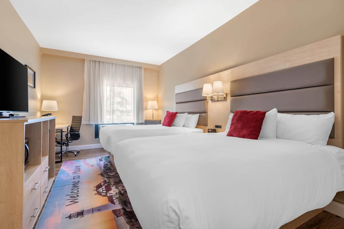 Desk, laptop workspace, blackout curtains, iron/ironing board