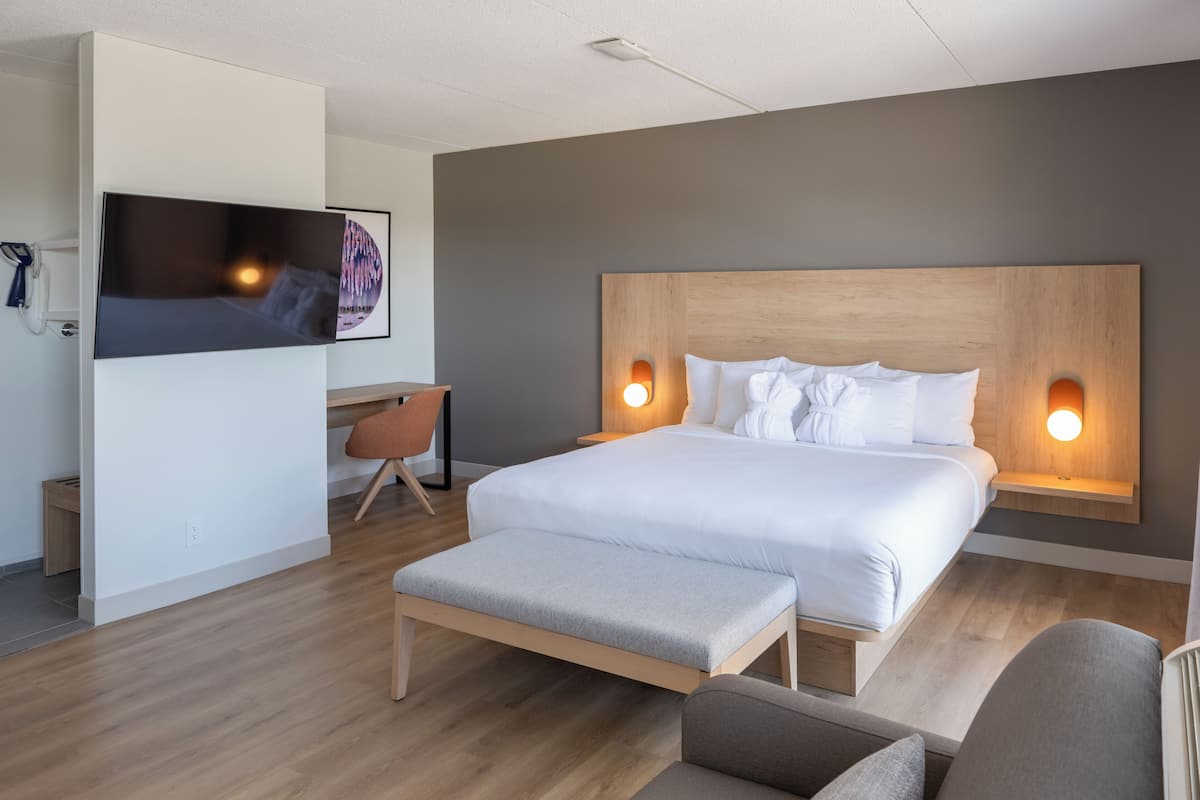 A modern hotel room with a large bed, a bench, a desk, and a TV mounted on the wall.