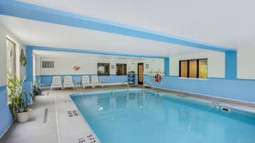 Indoor pool, open 8 AM to 10 PM, pool loungers