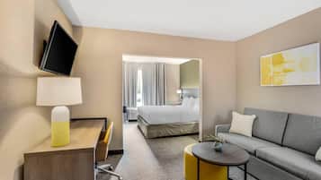 Una camera d'albergo con un letto, un divano, una scrivania con una lampada, una TV e un quadro appeso al muro.