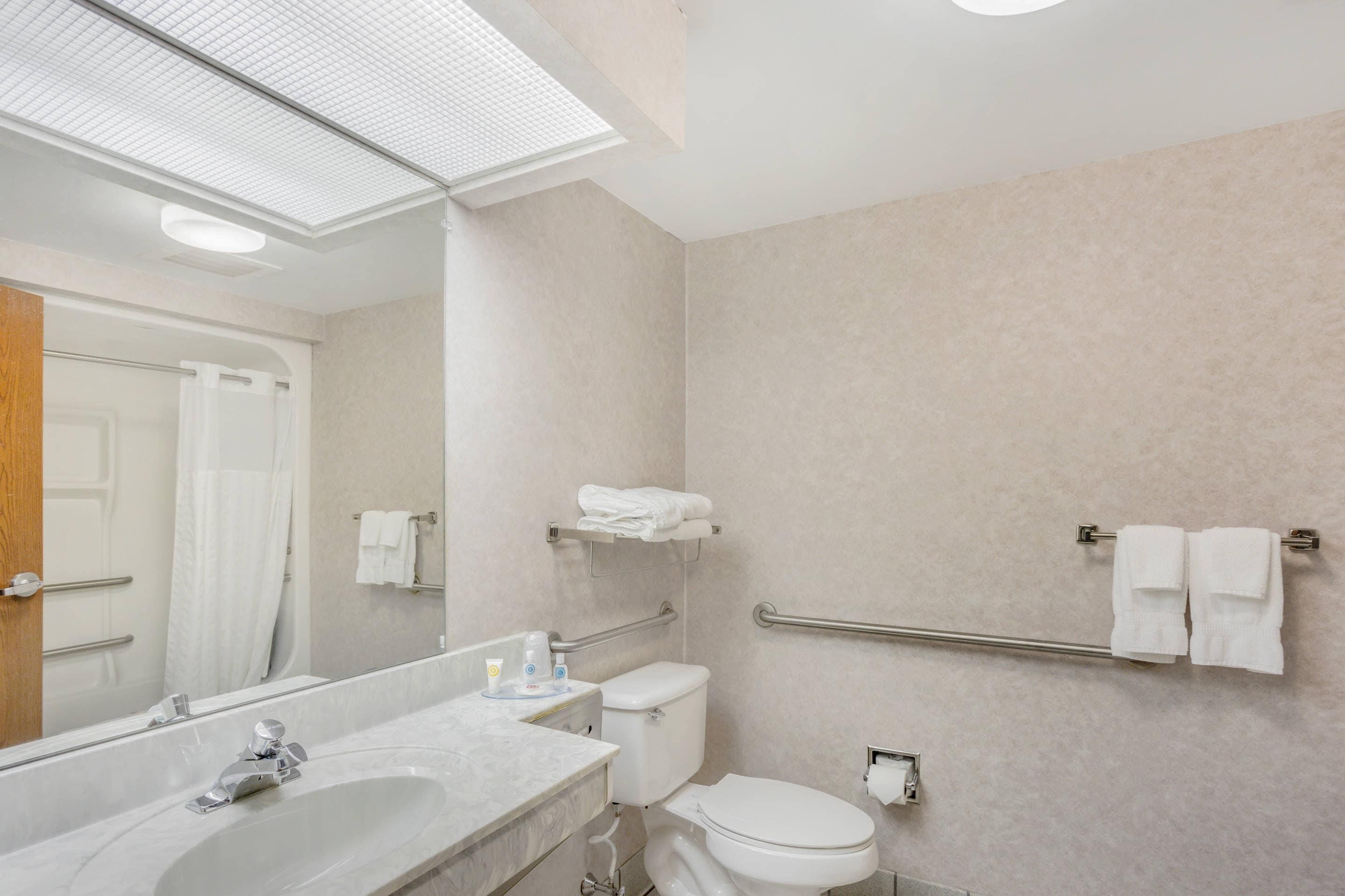 Un baño moderno con un espejo grande, un lavamanos, un inodoro y una zona de ducha.