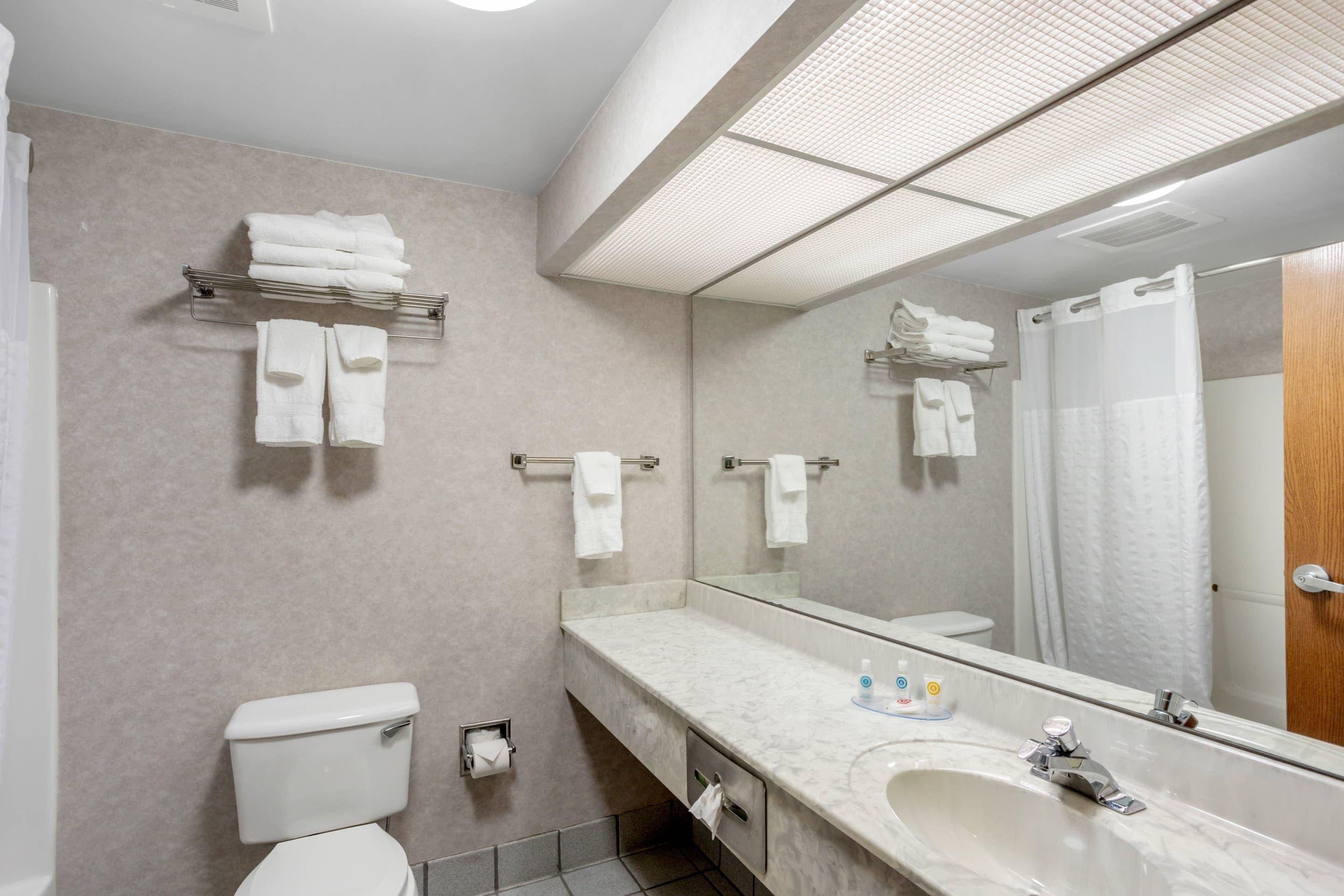 A bathroom with a toilet, sink, and mirror. There are towels on a rack and a shower curtain.