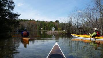 Un lac paisible où l’on peut faire du kayak, avec un panneau indiquant le lac Orlando.