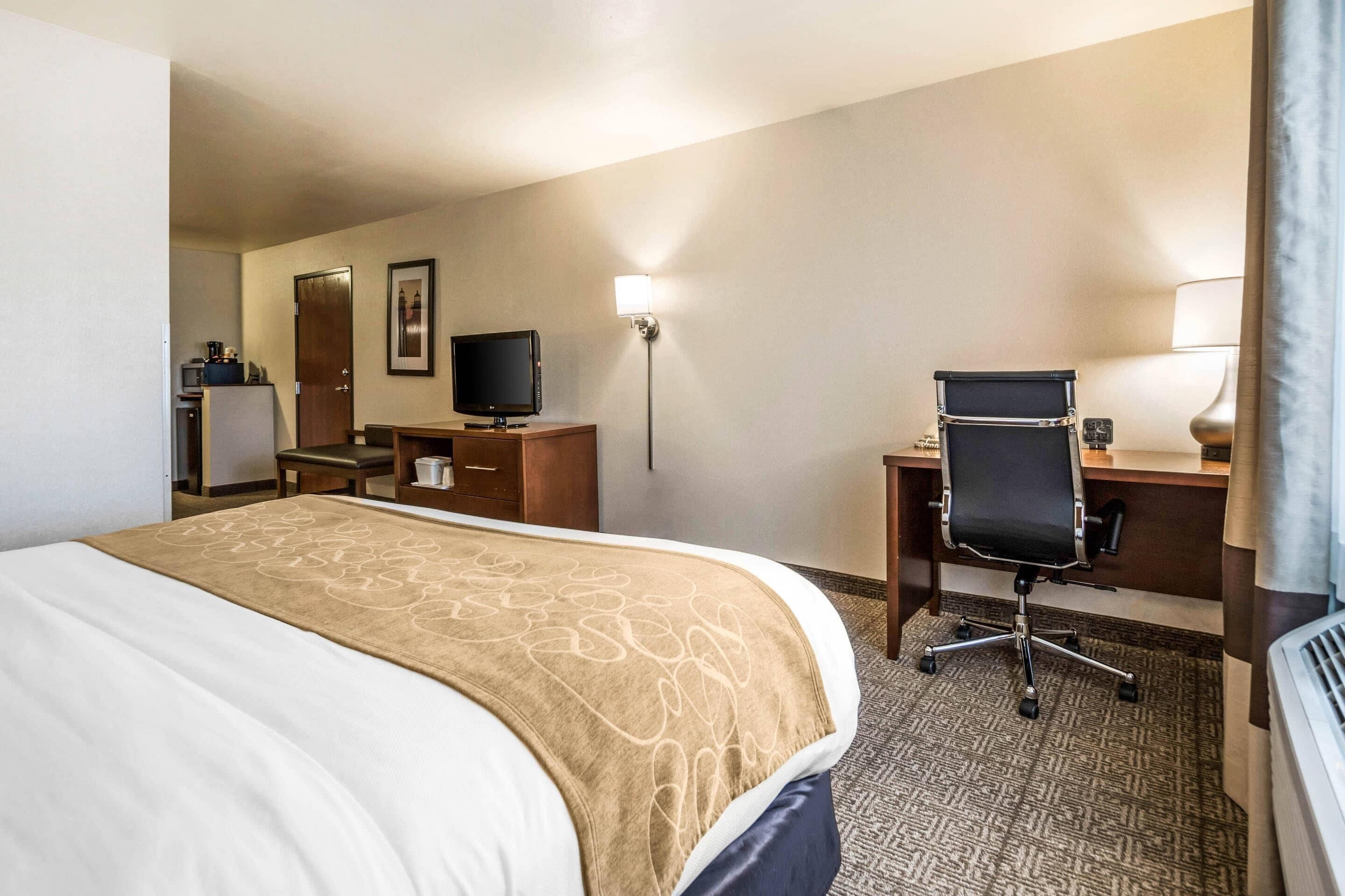 A hotel room with a bed, a desk, a chair, a television, a lamp, and a wall-mounted picture.
