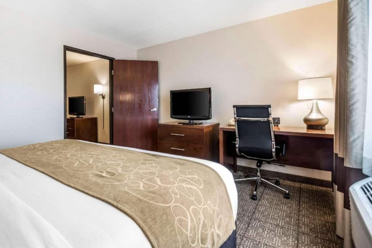 A hotel room with a bed, a desk, a chair, a television, and a lamp.