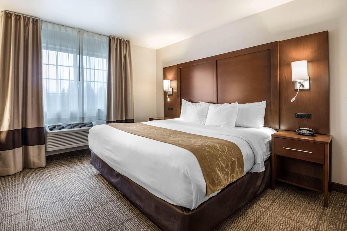 A hotel room with a large bed, two bedside tables, a nightstand, a wall-mounted lamp, and a window with curtains.