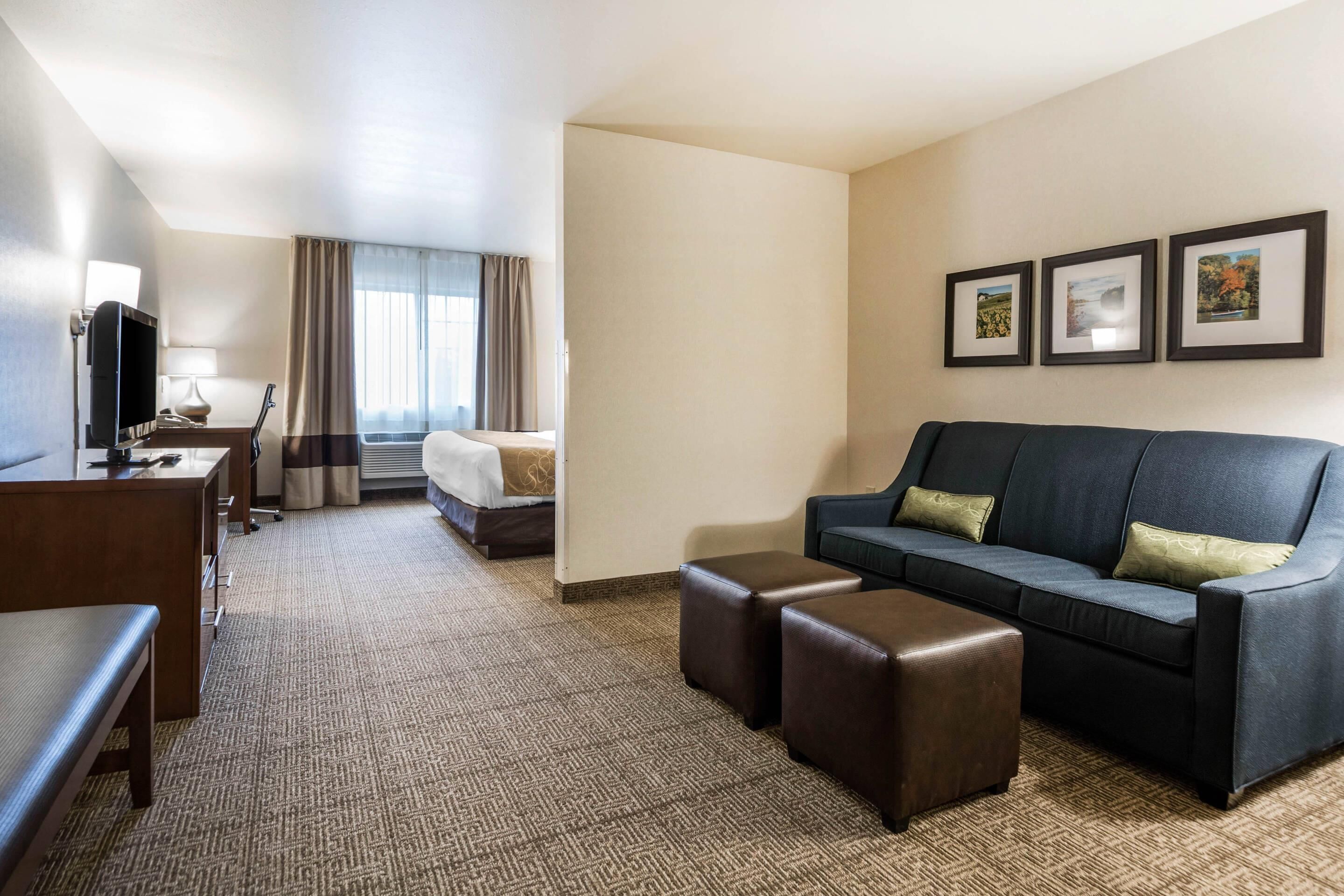 A hotel room with a bed, a dark-colored sofa, a small table, and a TV. There are three framed pictures on the wall.