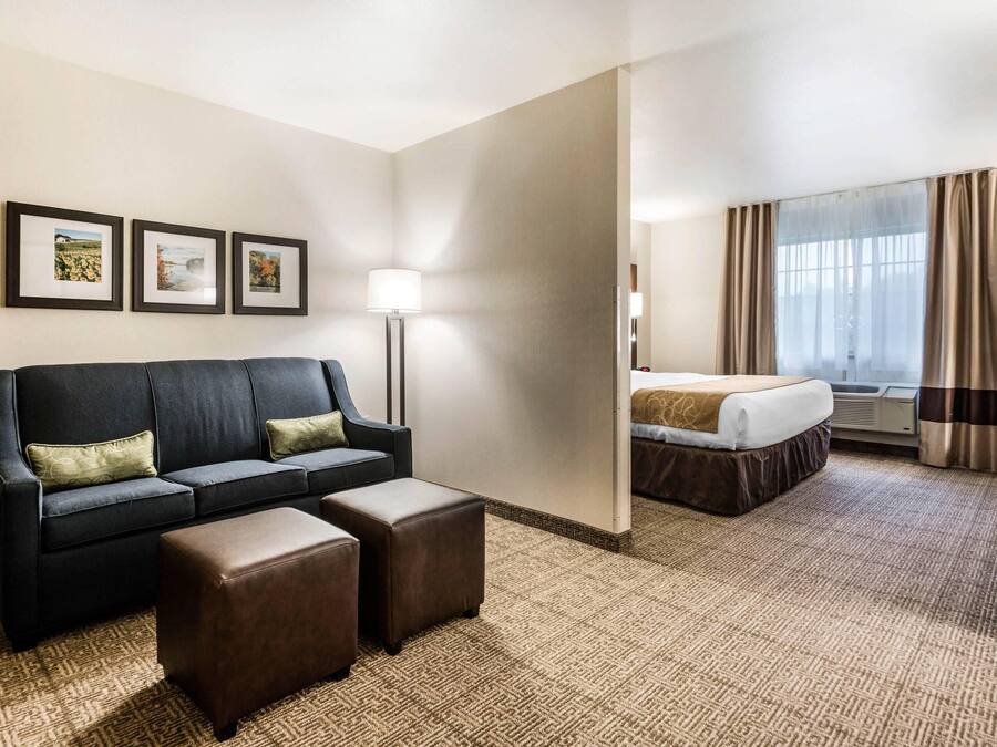 A hotel room with a sofa, two ottomans, a bed, a lamp, and three framed pictures on the wall.
