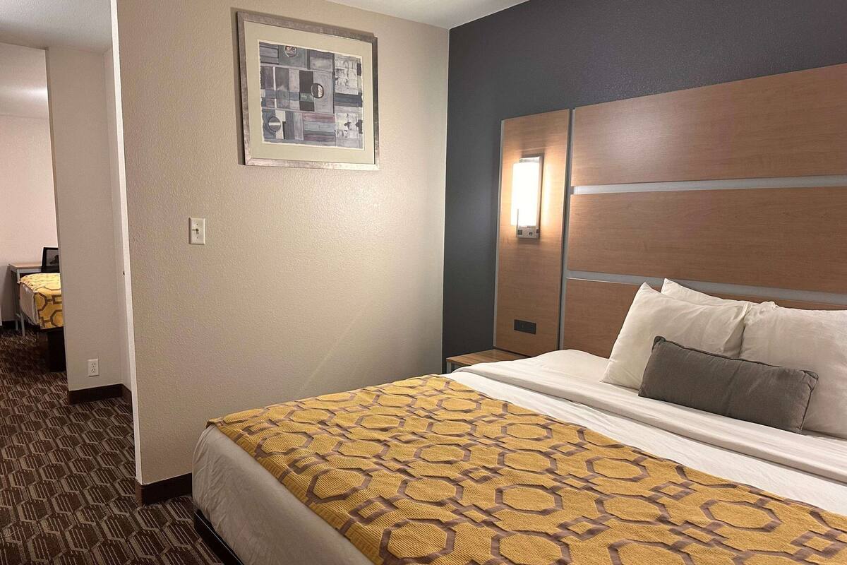 Ein Hotelzimmer mit einem großen Bett, einer Kopfteilbeleuchtung, einem gerahmten Bild an der Wand und Teppichboden.