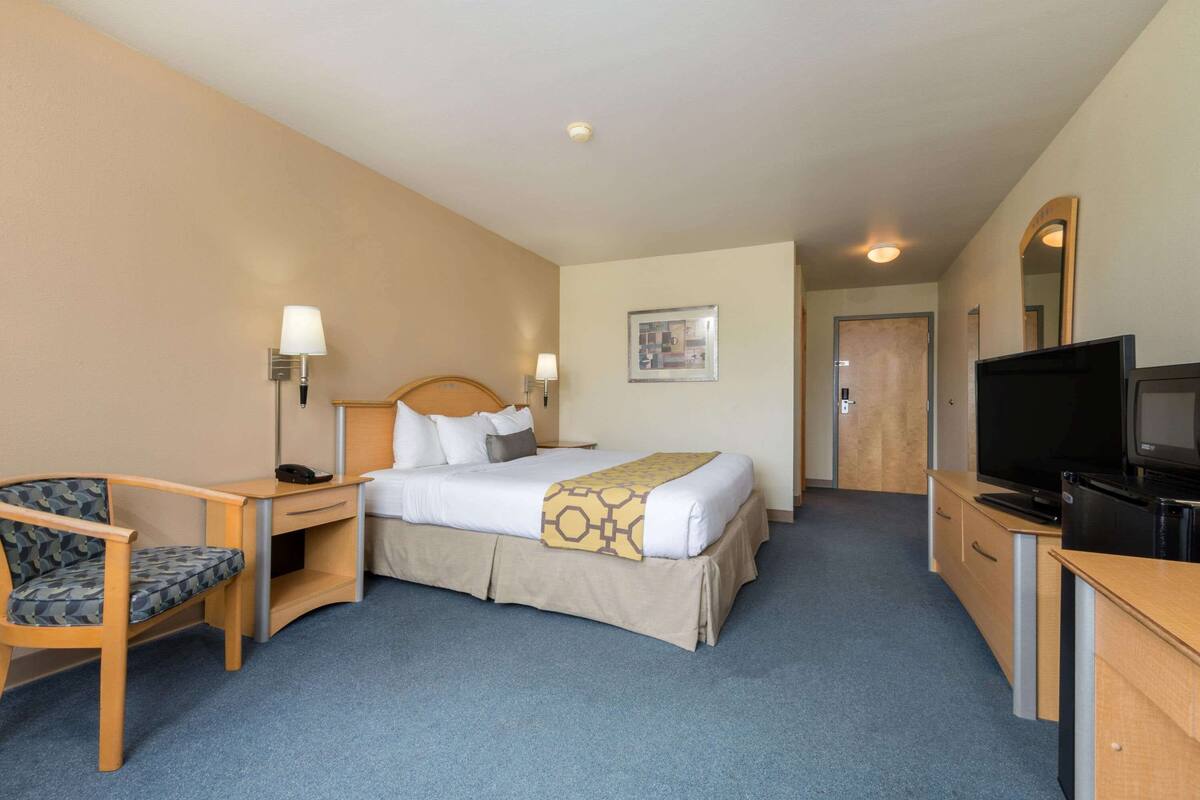 Ein Hotelzimmer mit Bett, Schreibtisch, Stuhl, Fernseher und Lampe.
