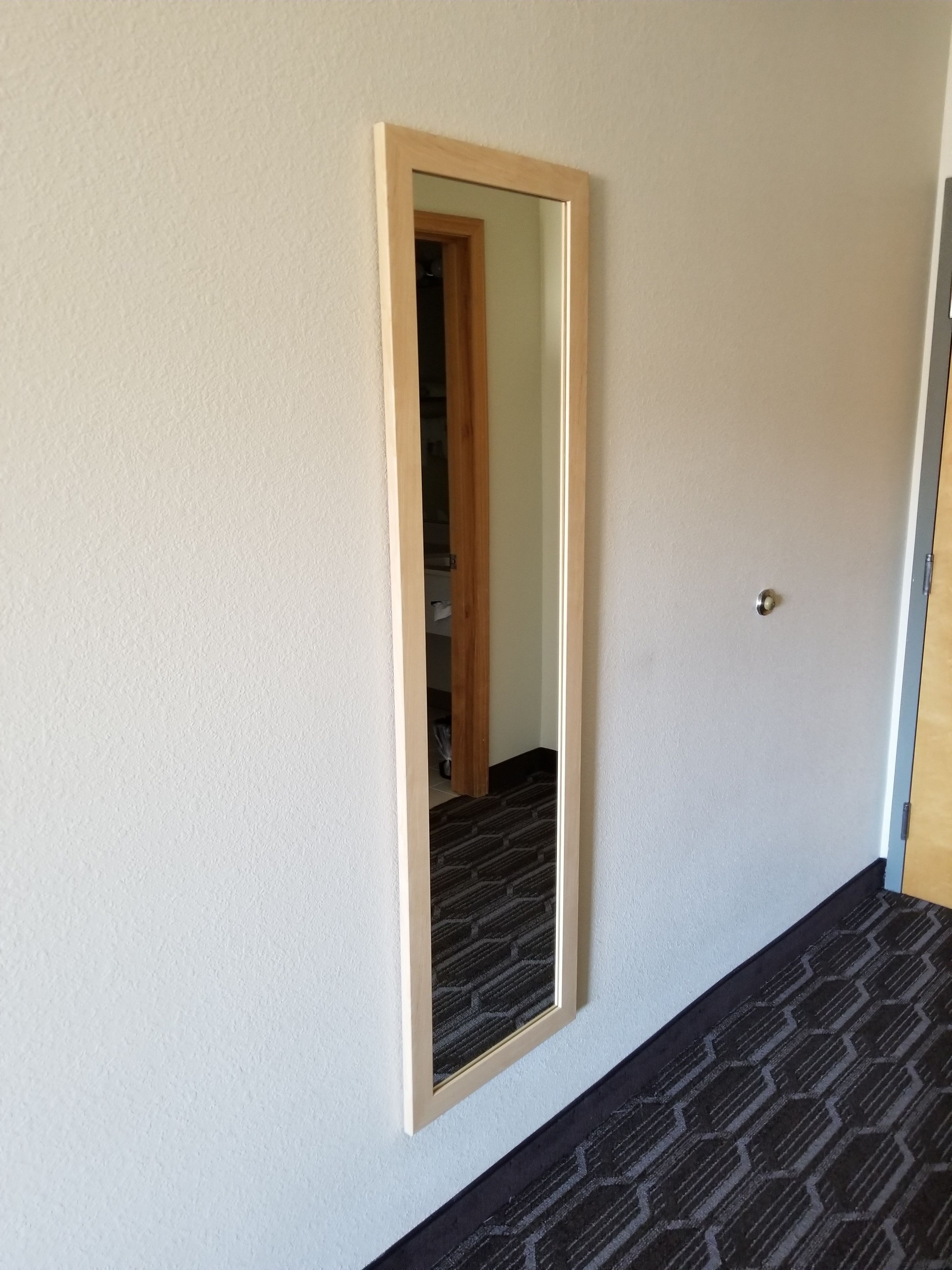 Una habitación con puerta, espejo y alfombra estampada.