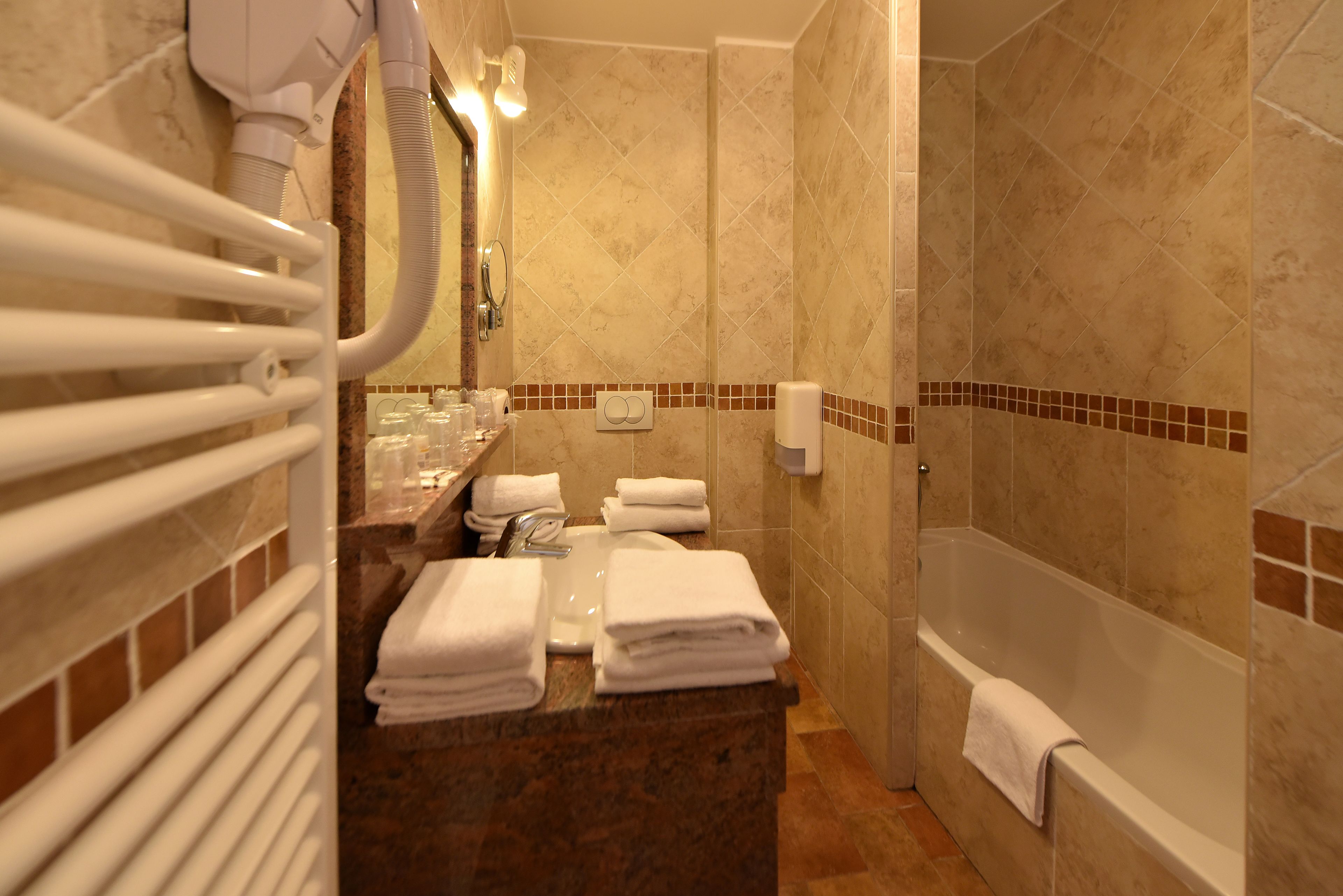 hair dryer, towels, shampoo