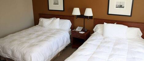 Una habitación de hotel con dos camas, una mesita de noche con lámpara y cuadros en la pared.