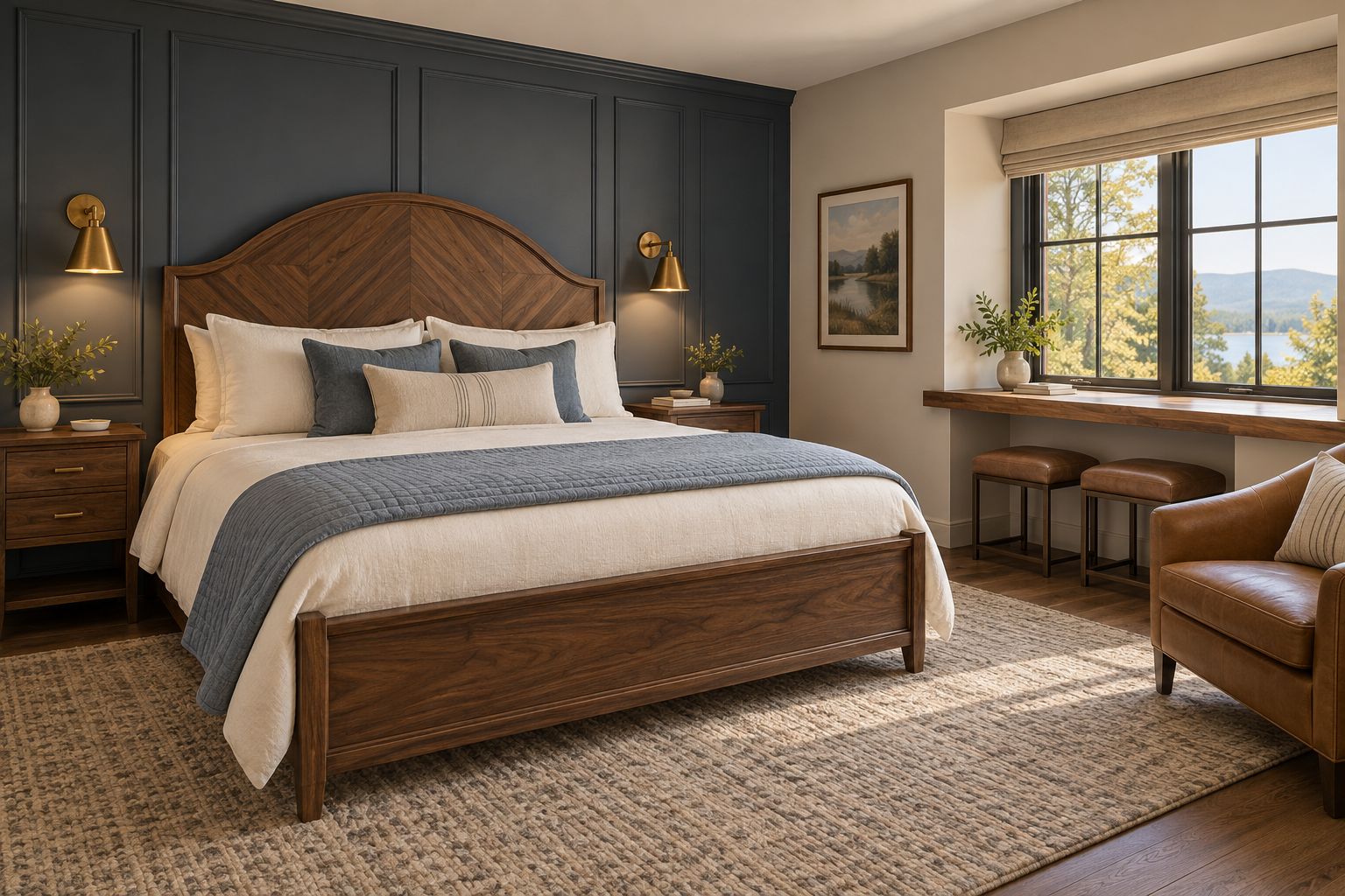 A bedroom with a large bed, bedside lamps, a window with a view, and a desk with a chair.
