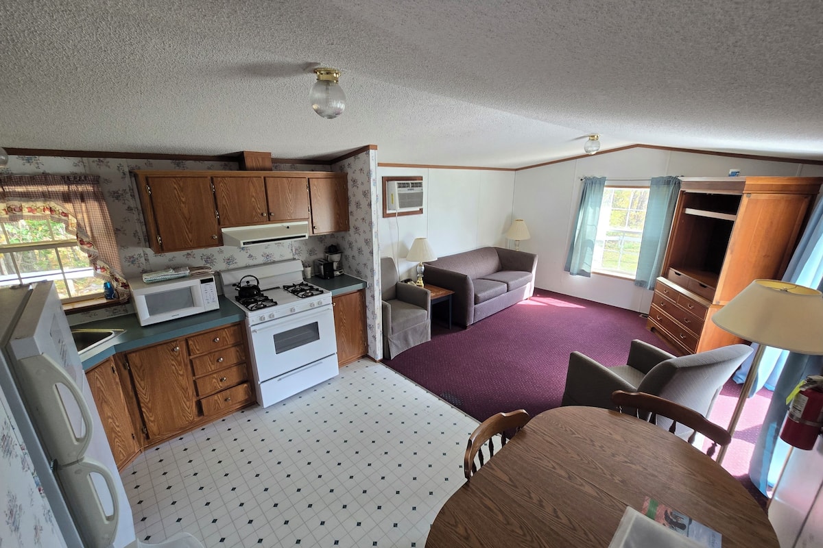A compact kitchen with wooden cabinets, a white stove, and a microwave. There's a dining table with chairs and a purple carpeted area.