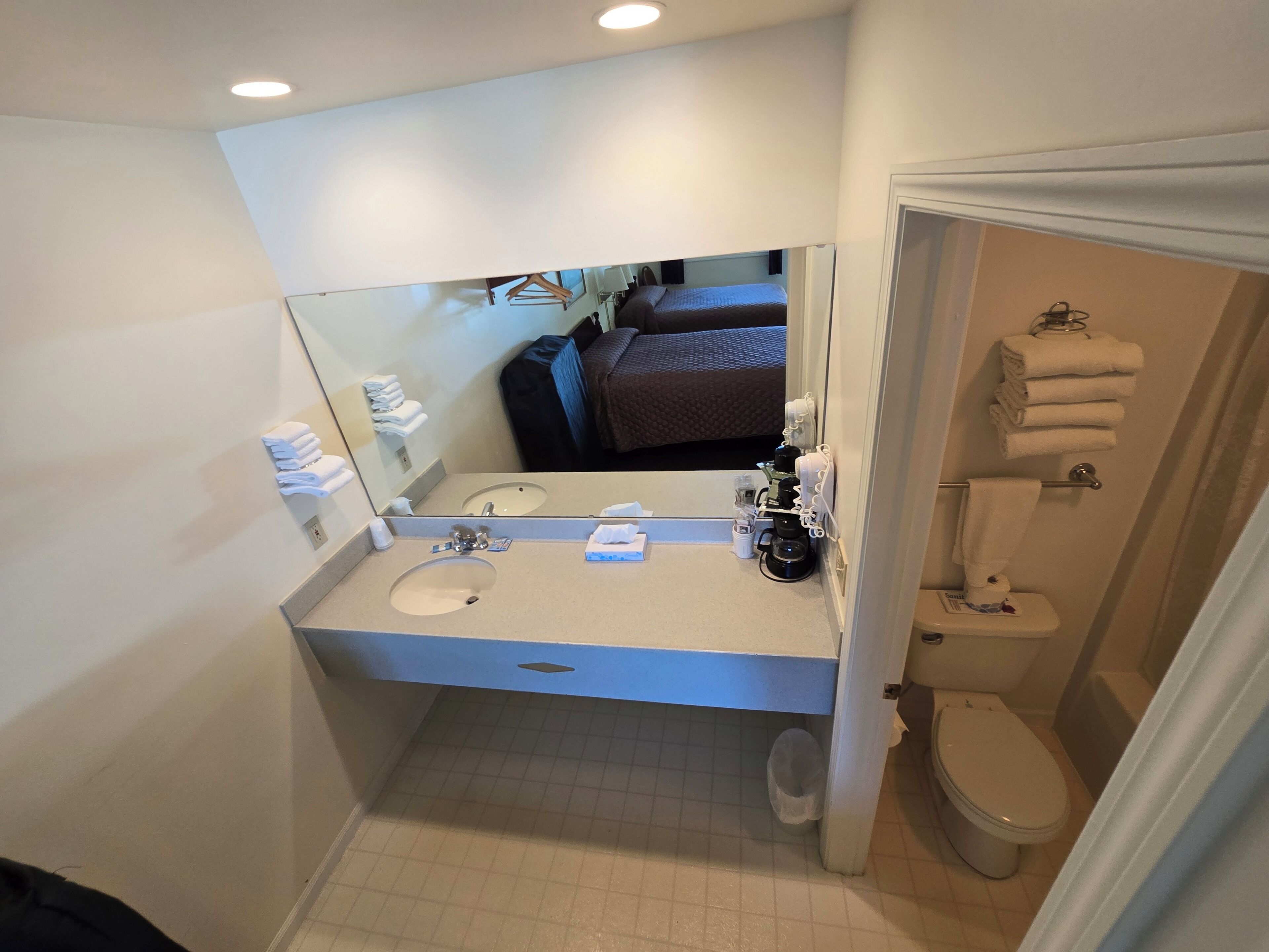 A bathroom with a sink, mirror, and toilet.
