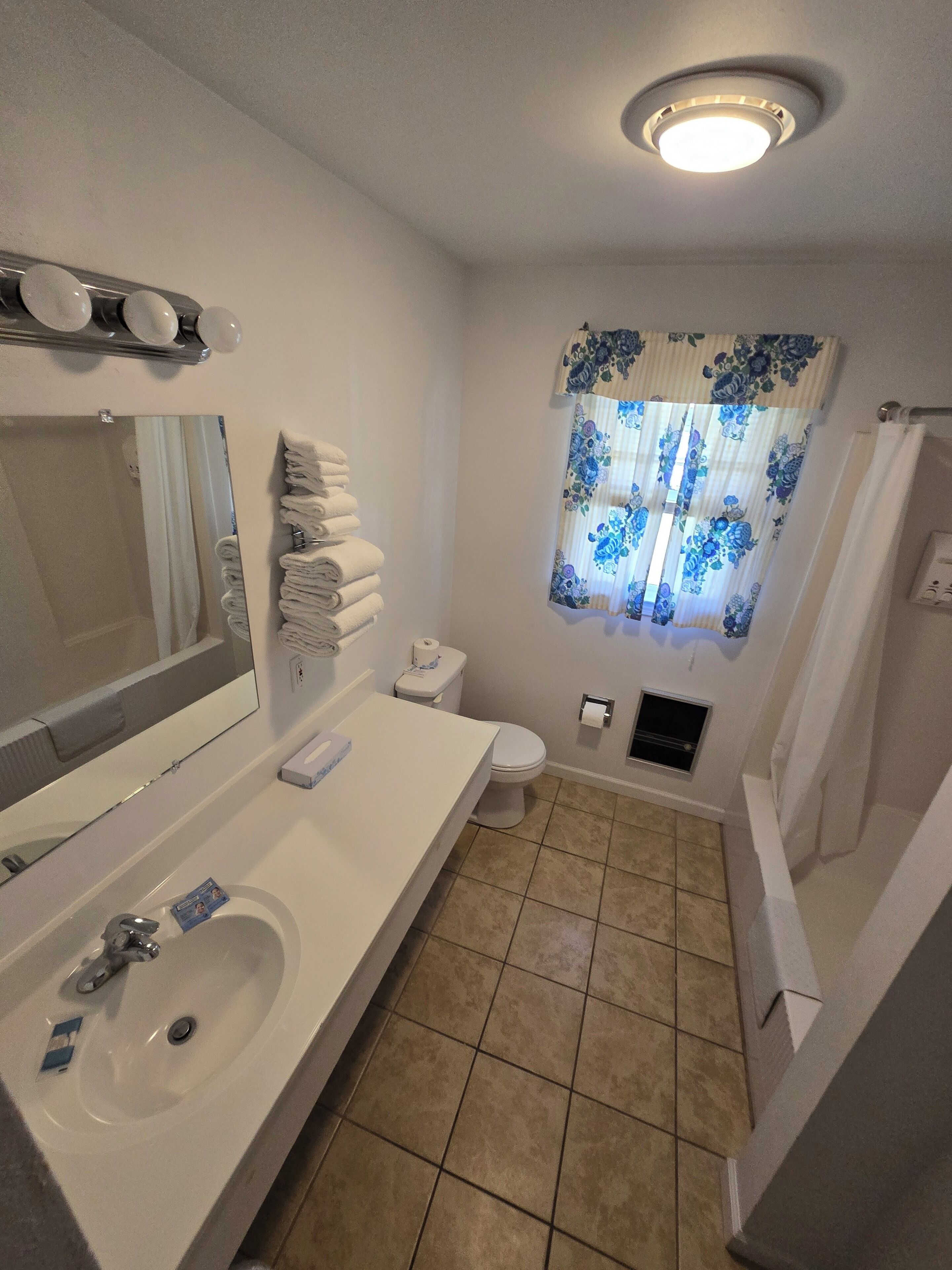 A bathroom with a white sink, mirror, and toilet. There is a window with blue floral curtains and a shower area.