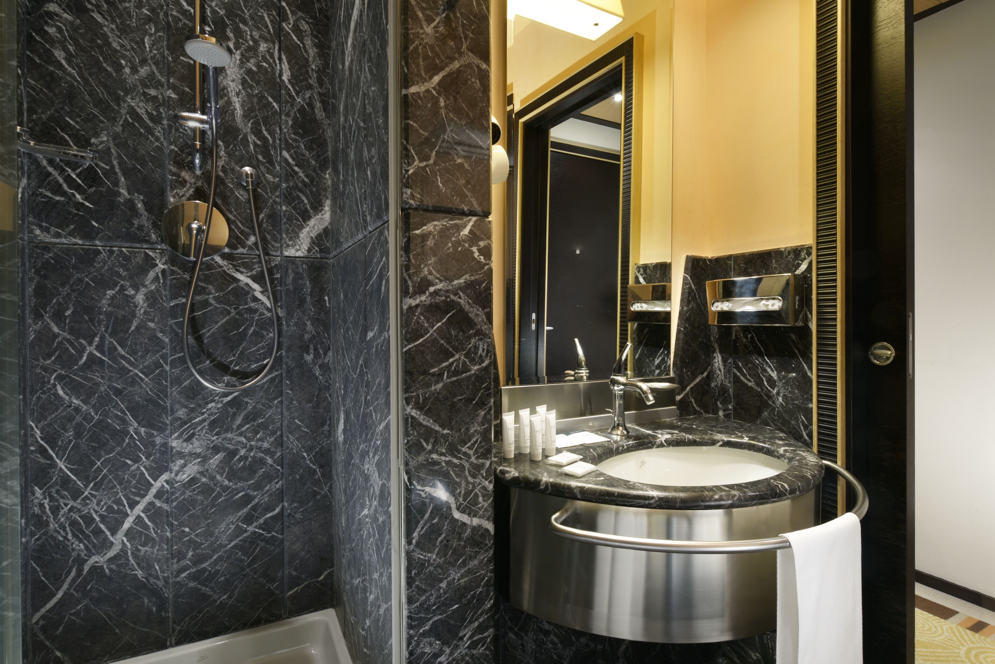 free toiletries, hair dryer, bidet, towels