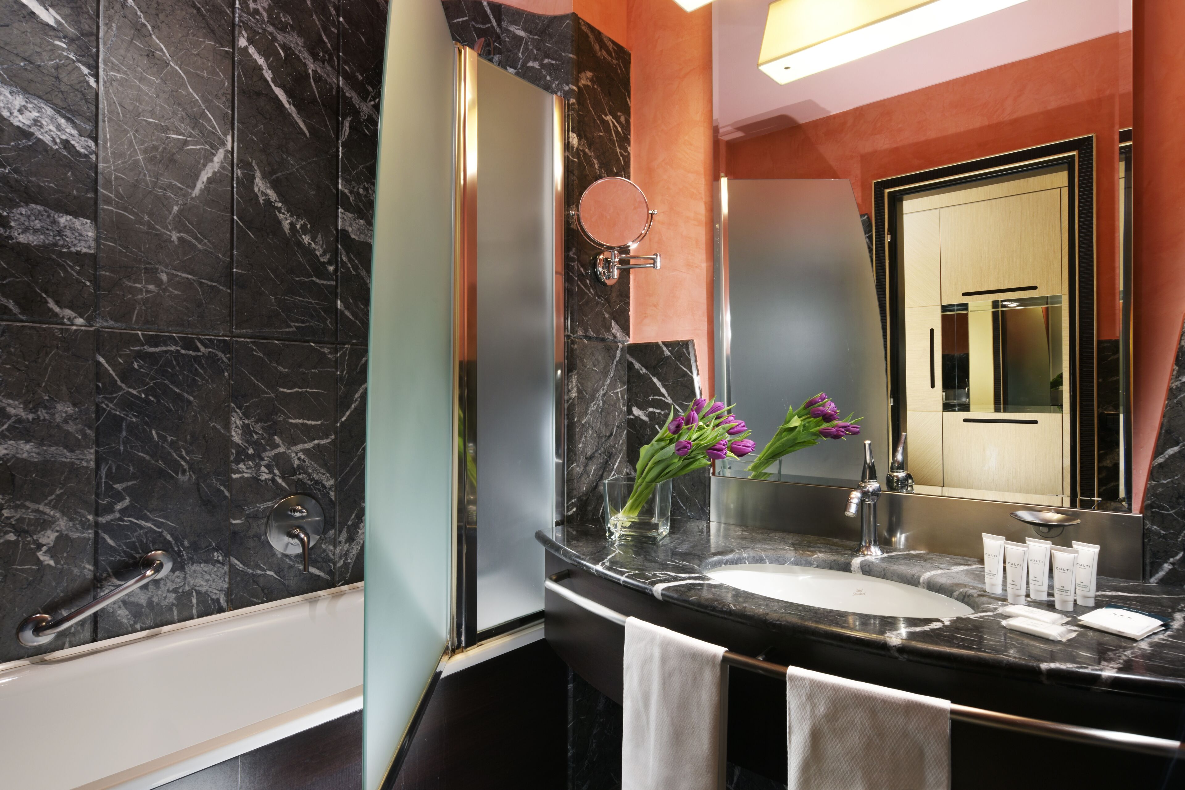 free toiletries, hair dryer, bidet, towels