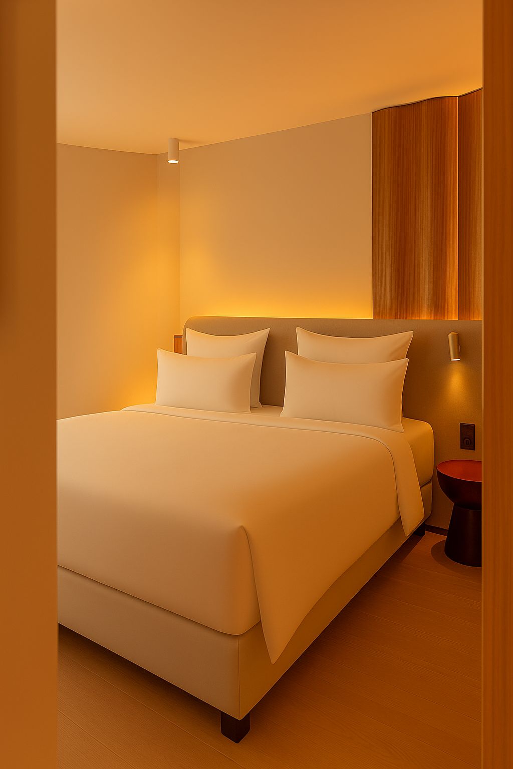 Une chambre à coucher moderne avec un grand lit, deux tables de chevet et une tête de lit en bois.