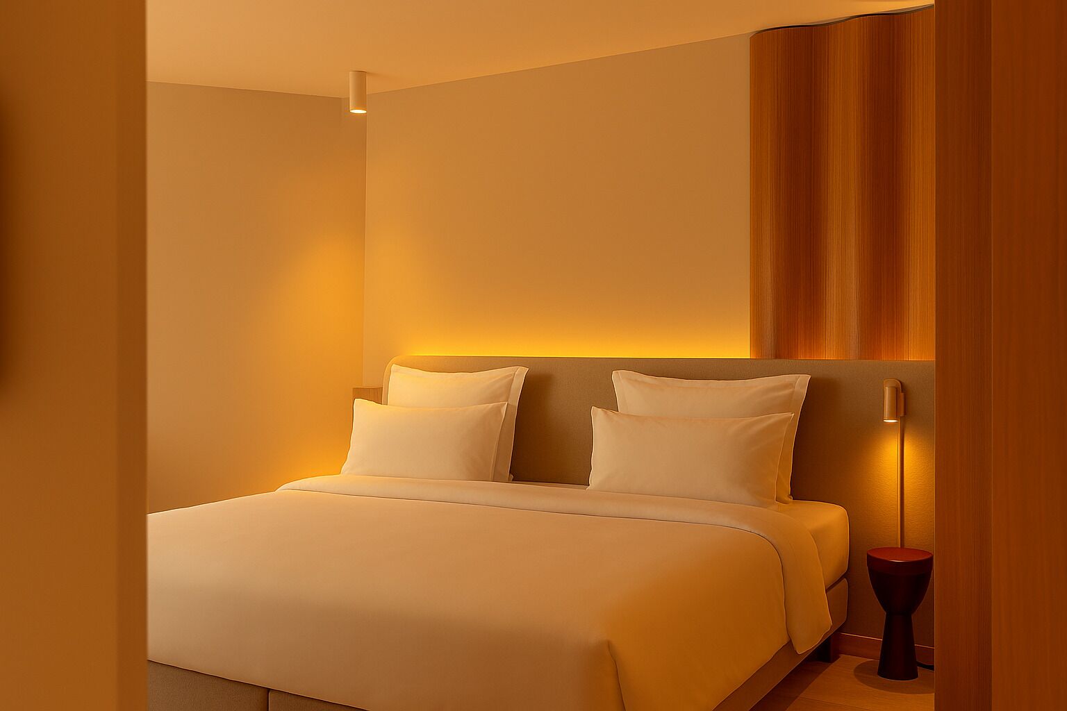 A hotel room with a large bed, a bedside table, and a wall-mounted lamp.