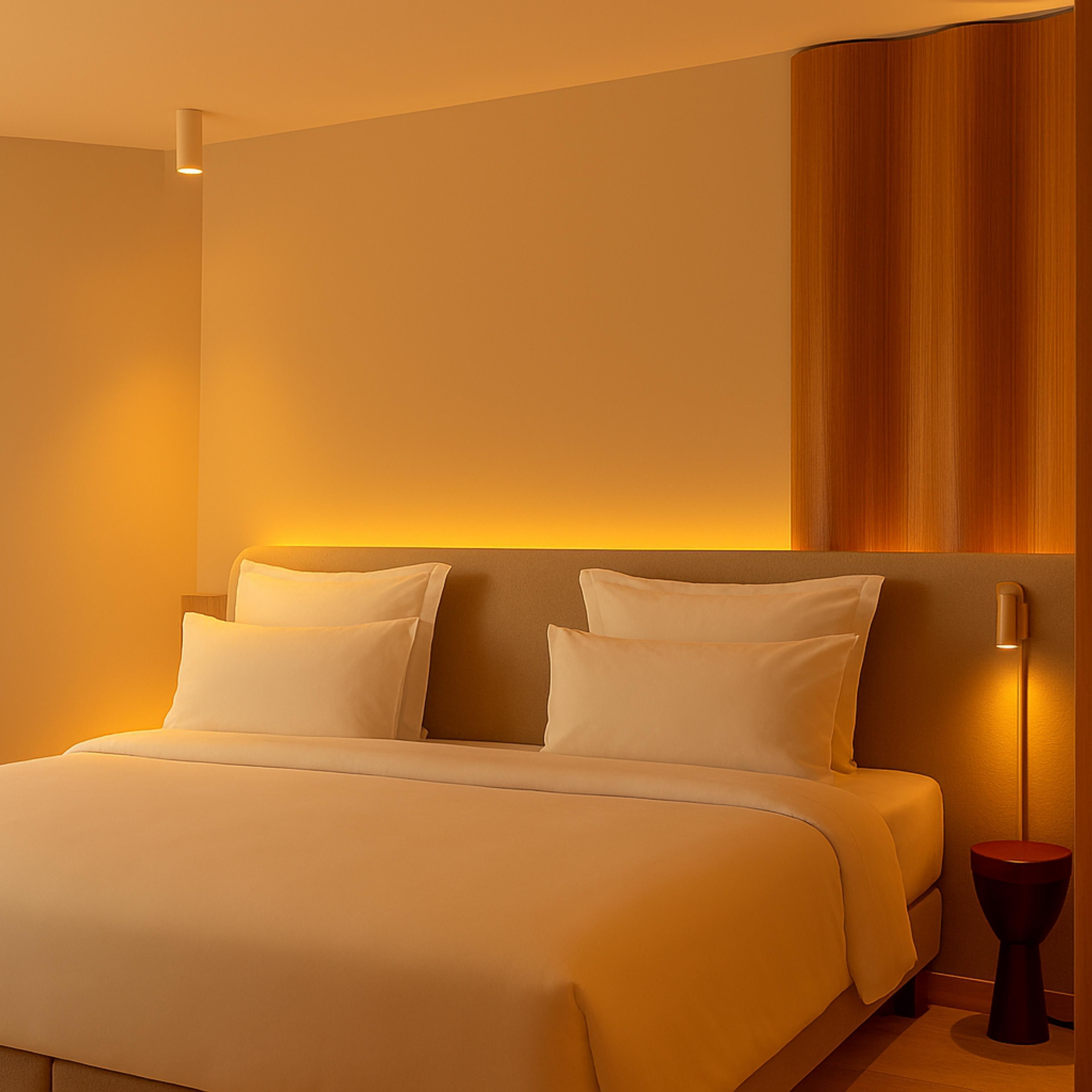 A hotel room with a bed, pillows, a bedside table, and a wall-mounted light fixture.