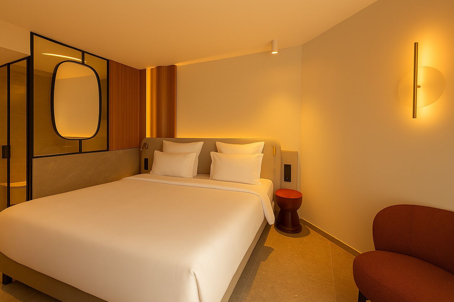 Una habitación de hotel moderna con una cama grande, una mesita de noche, una silla y un espejo montado en la pared.