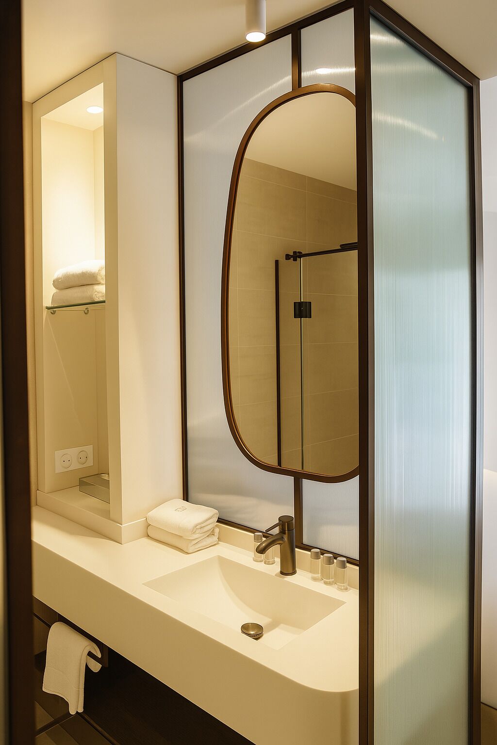 A modern bathroom with a large mirror, a sink, and a towel rack.