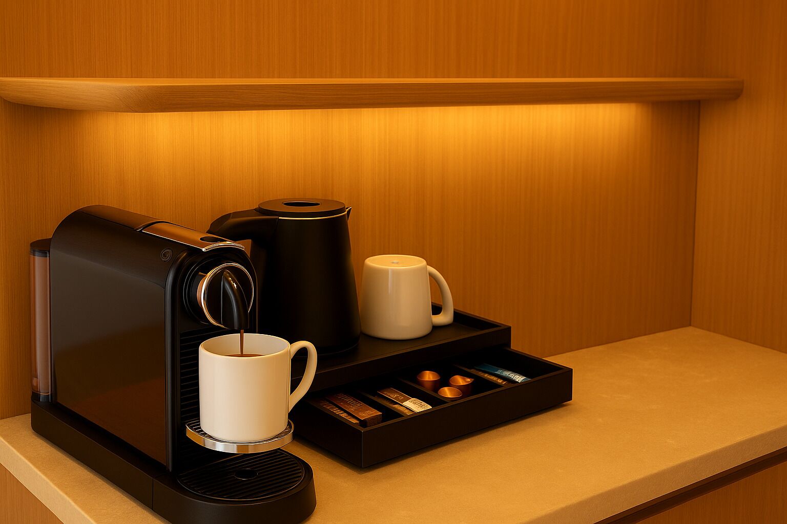 Una màquina de cafè amb una tassa i un safata de càpsules de cafè damunt un taulell.