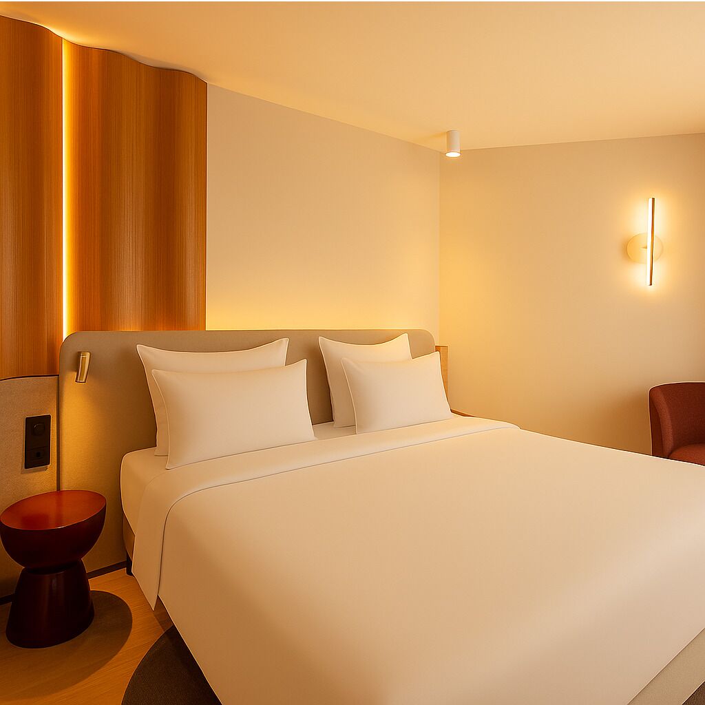 Habitación de hotel moderna con una cama grande, una pared decorativa de madera, una mesita de noche roja y una lámpara fijada a la pared.