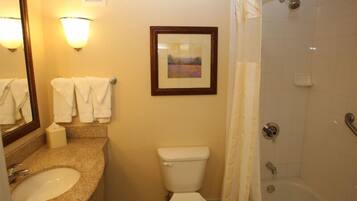 Combined shower/bathtub, free toiletries, hair dryer, towels