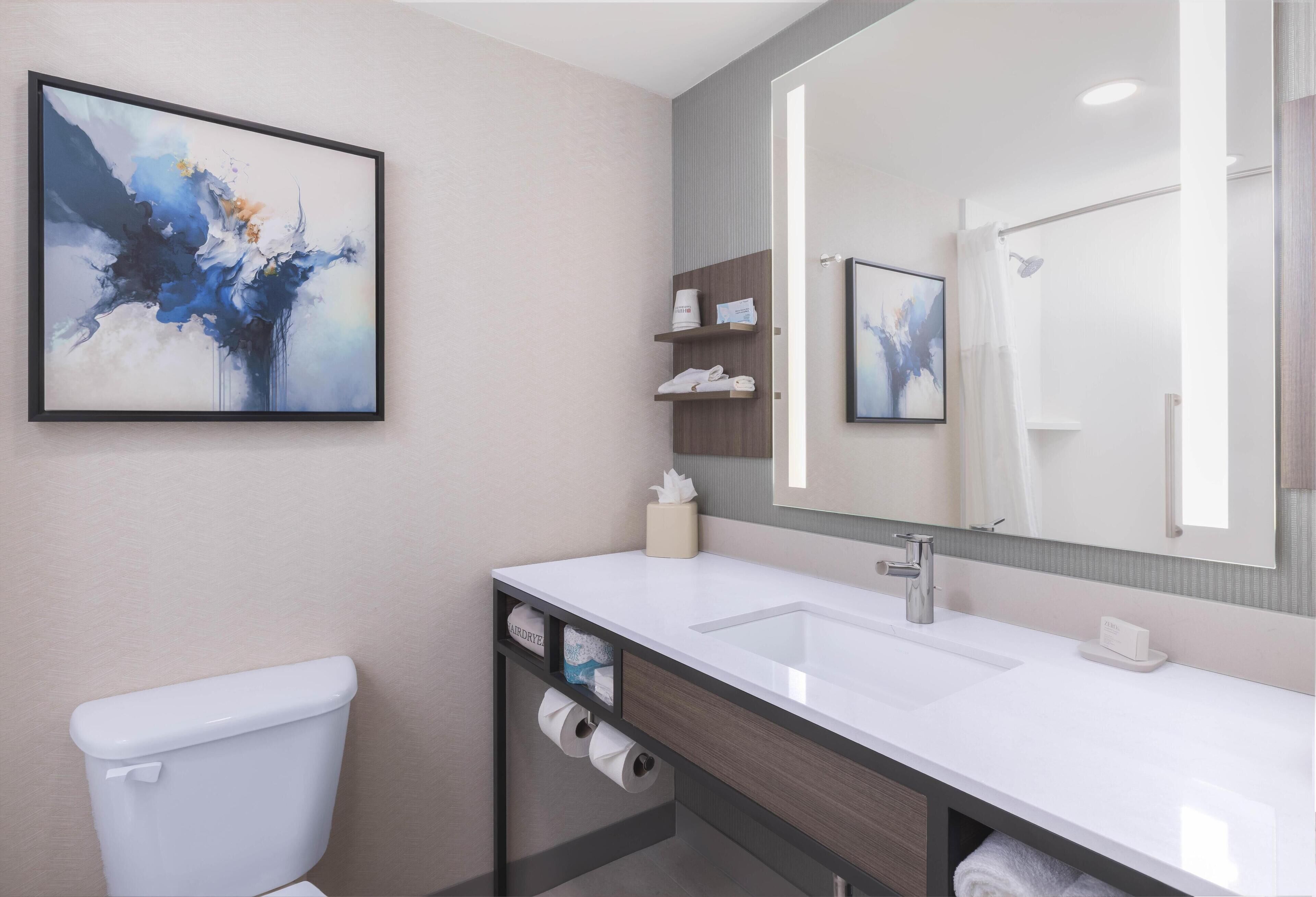 A modern bathroom with a white toilet, a sink, and a large mirror. There are shelves with toiletries and a framed abstract painting on the wall.