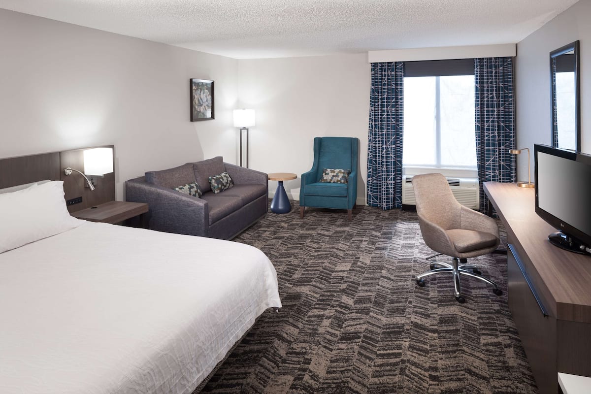 Relax in a spacious room with a large bed, sofa, and desk, featuring a flat-screen TV and ample natural light.