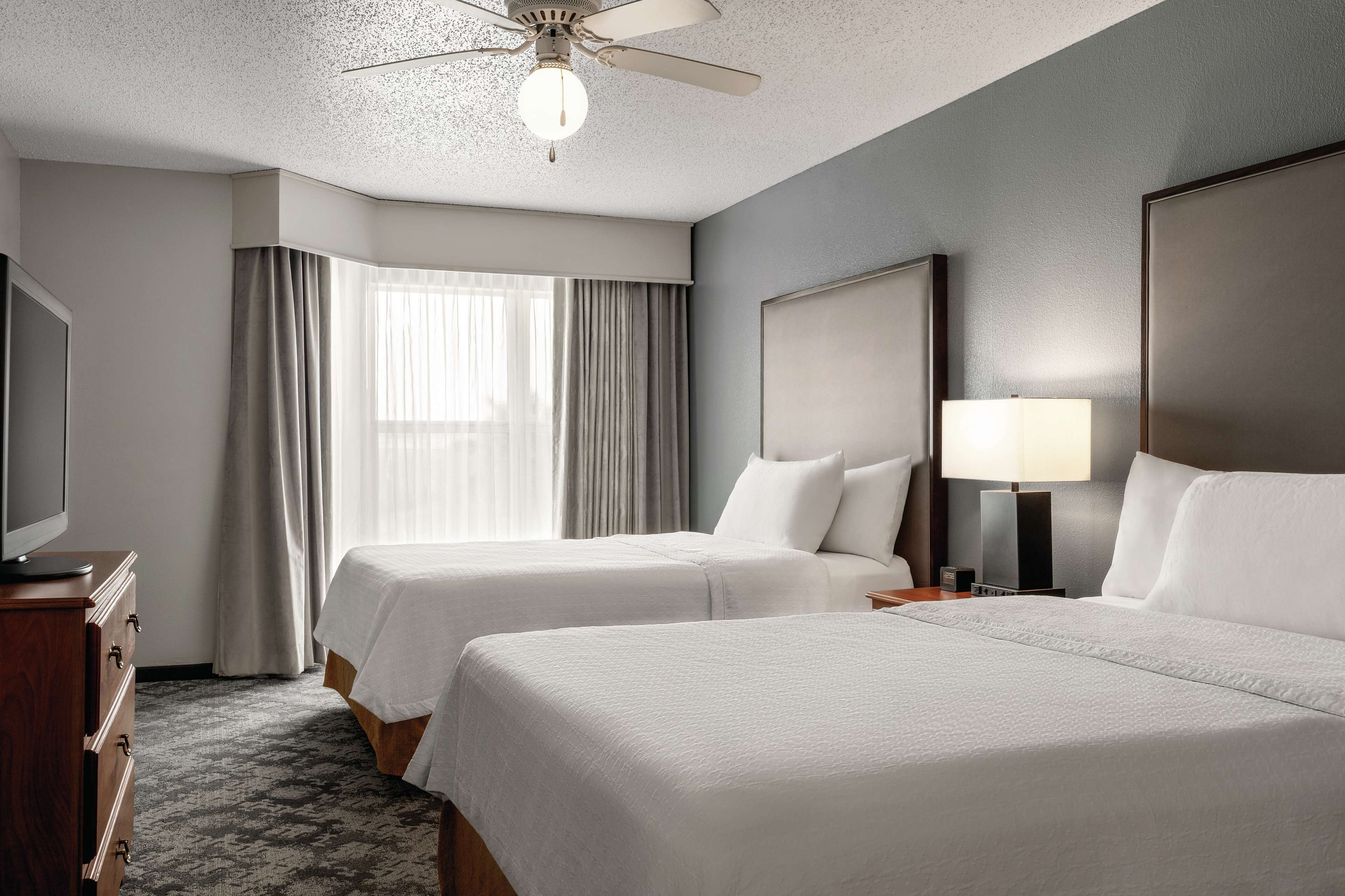 A hotel room with two beds, a ceiling fan, a TV, and a lamp.