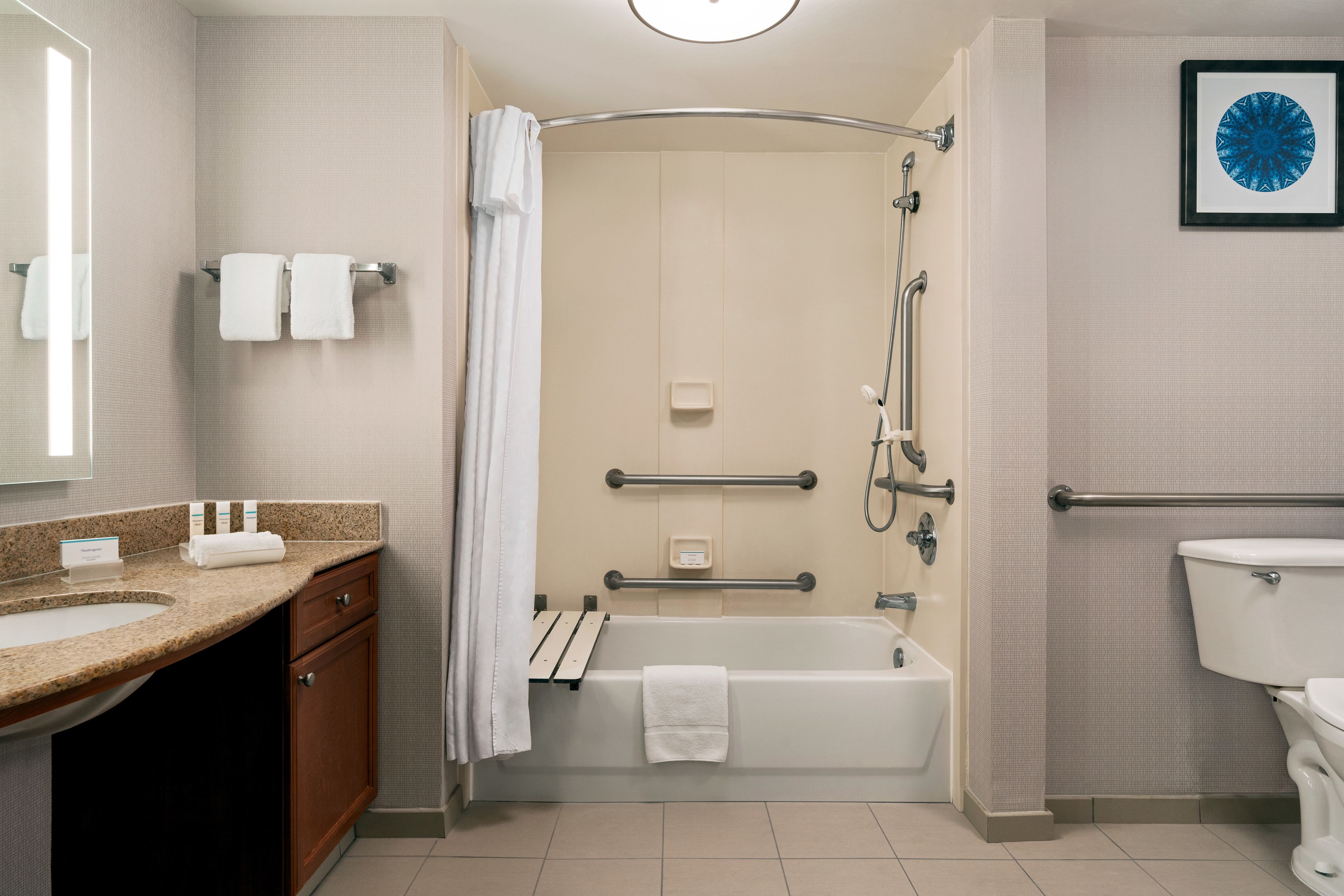 combined shower/bathtub, free toiletries, hair dryer, towels