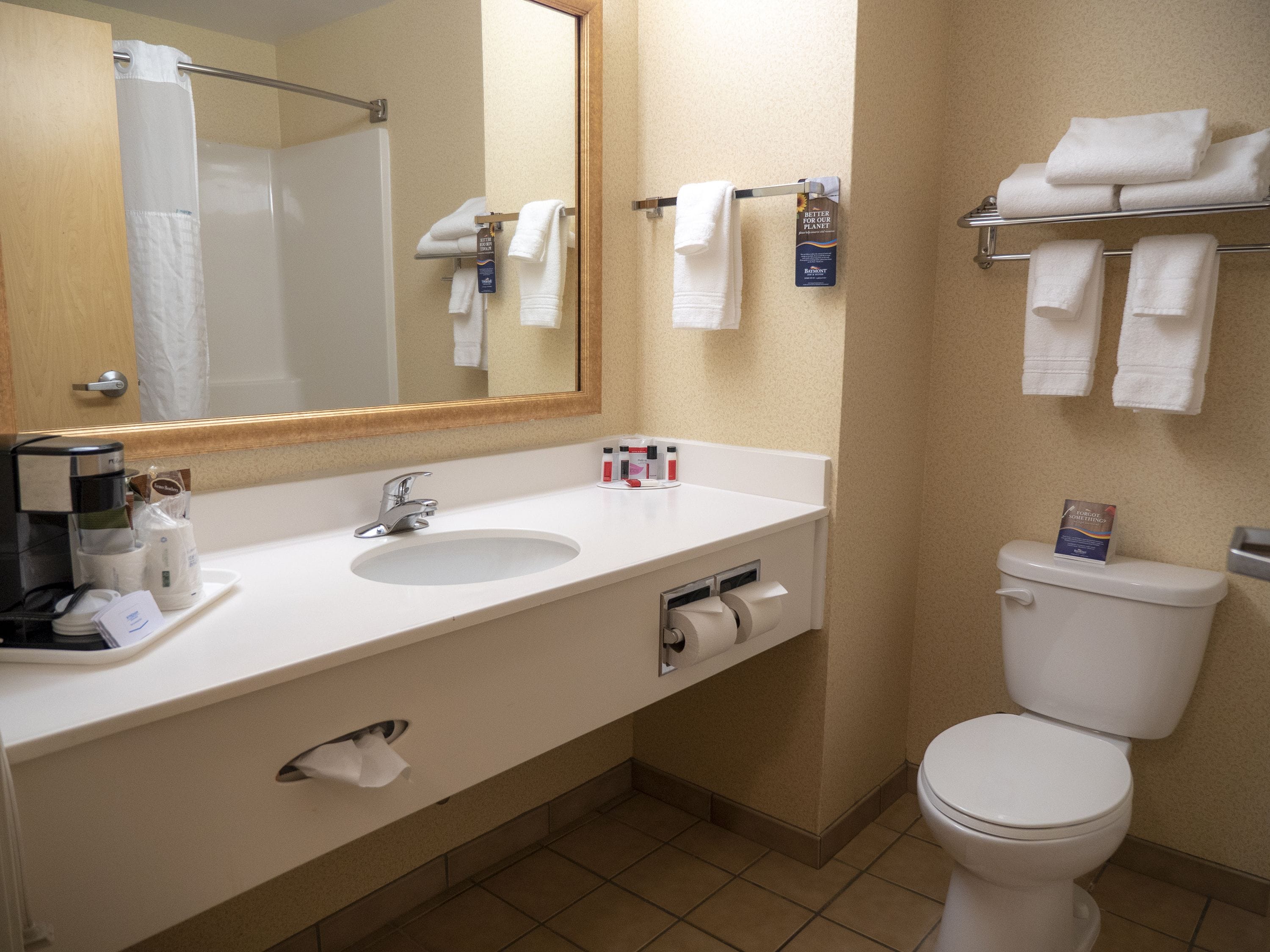 designer toiletries, hair dryer, towels