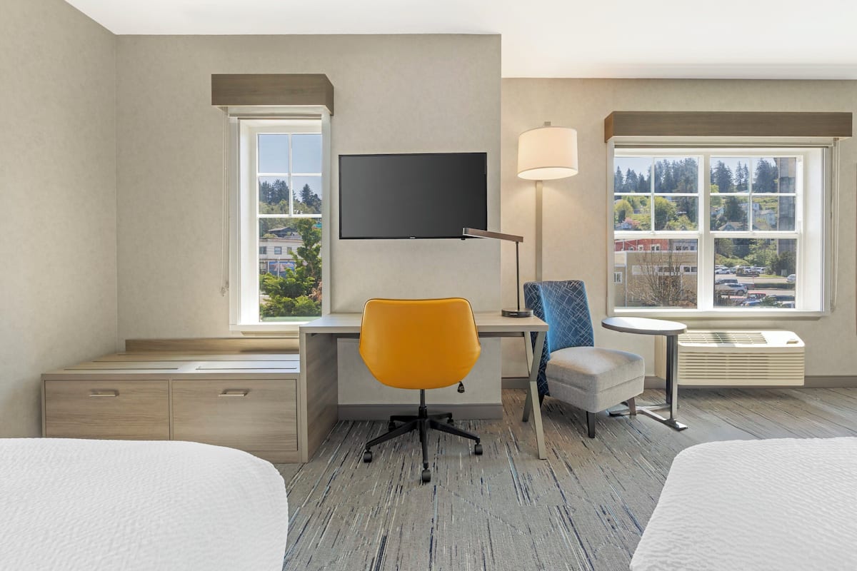A hotel room with a desk, a chair, a TV, a lamp, a heater, and two beds.