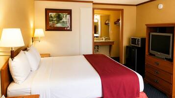 A hotel room with a bed, bedside lamps, a television, a microwave, and a small cabinet.