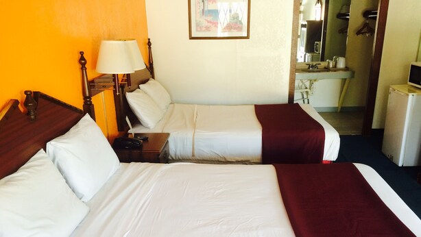 A hotel room with two beds, a nightstand, a lamp, a painting, a sink, and a mirror. - Sunrise Inn (Bradenton)