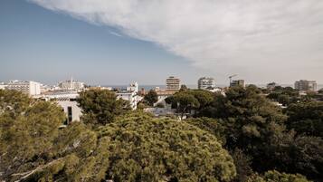 Een kuststreeed met moderne gebouwen, weelderige groene zones en een heldere lucht.