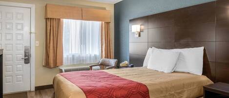 A hotel room with a large bed, a bedside table, a chair, a window with curtains, and a door.