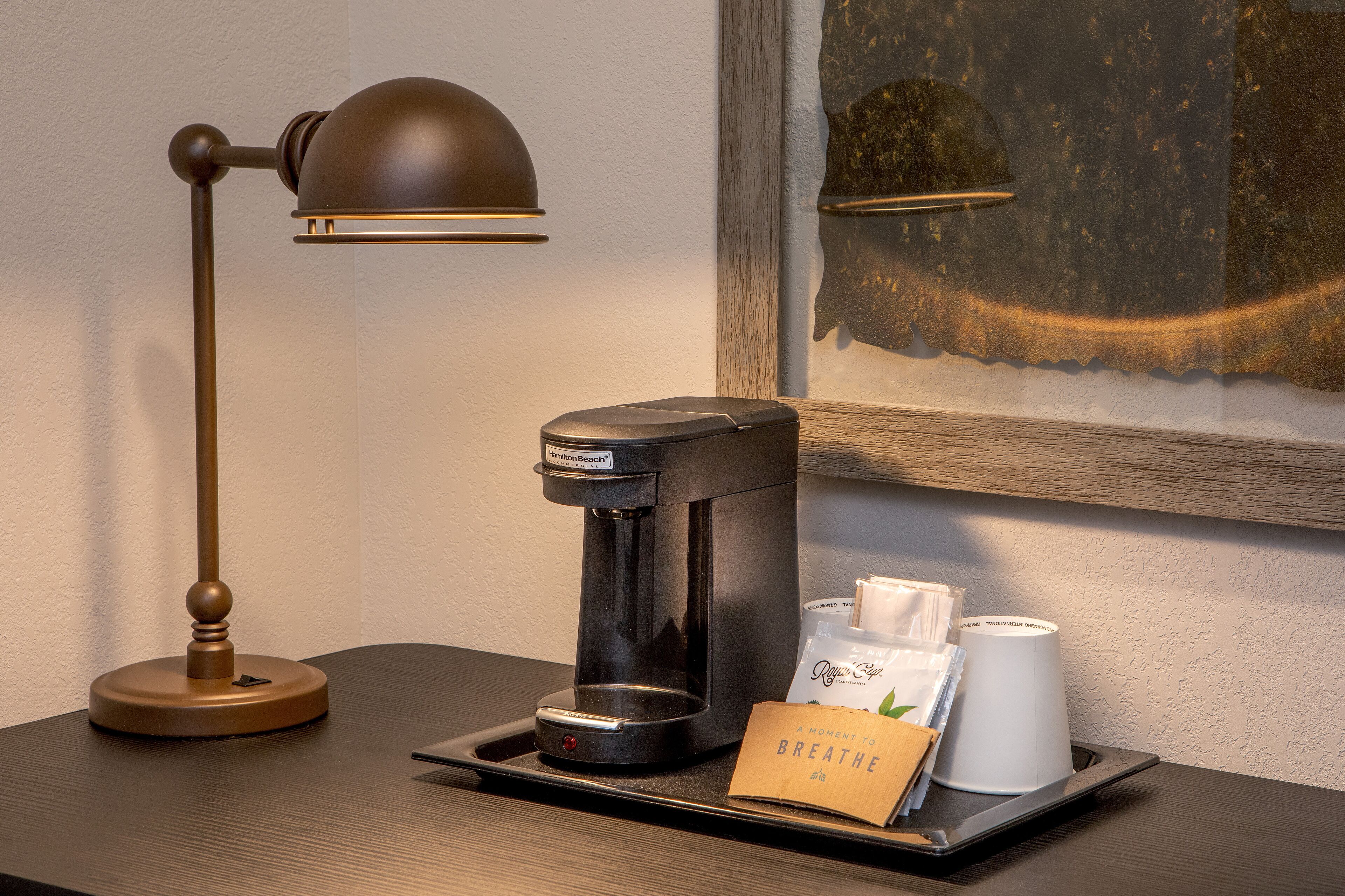 premium bedding, desk, laptop workspace, blackout curtains