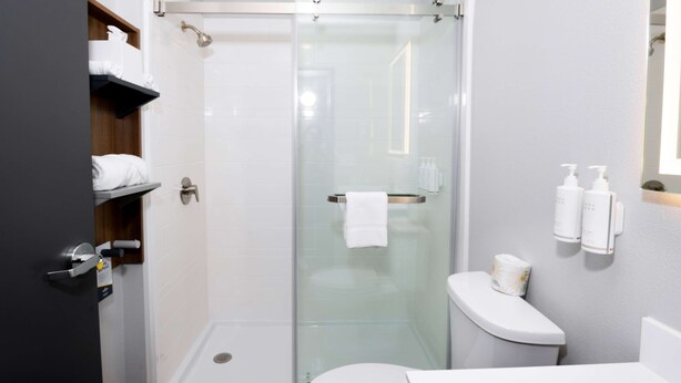 A modern bathroom with a glass-enclosed shower, a toilet, and a sink.