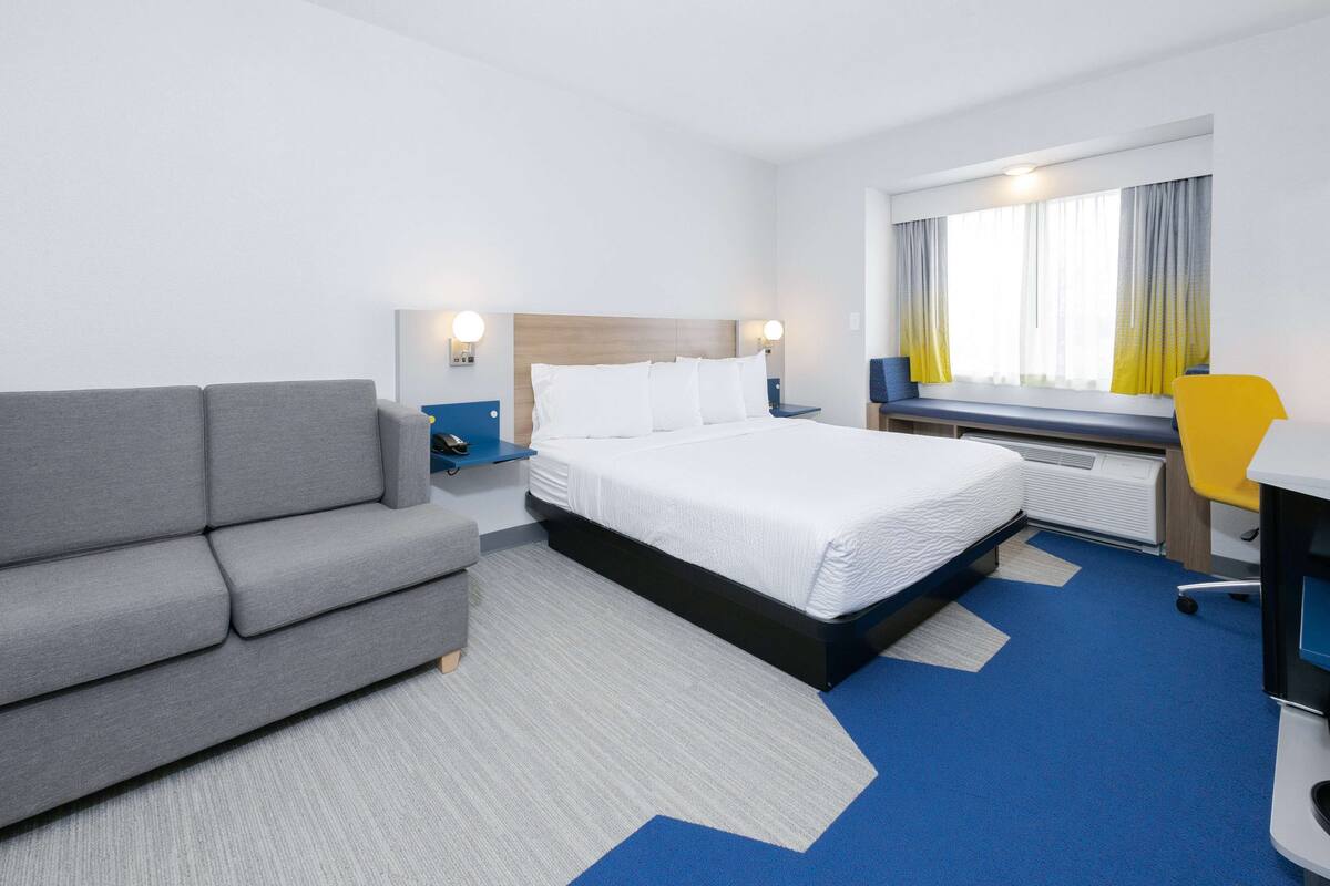 Quarto de hotel com cama, sofá, escrivaninha e cadeira.