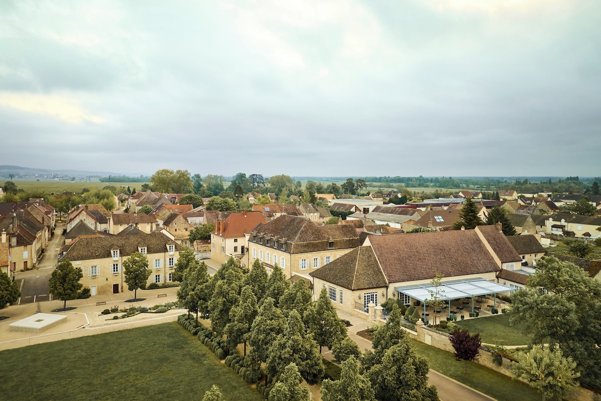 A residential area with houses, a central building with a covered patio, and a large open field in the background.